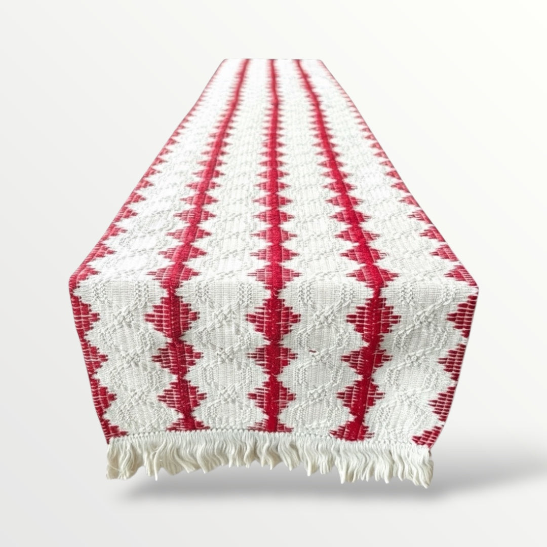Cream & Red Cotton Crochet-Look Table Runner – 30 × 180 cm