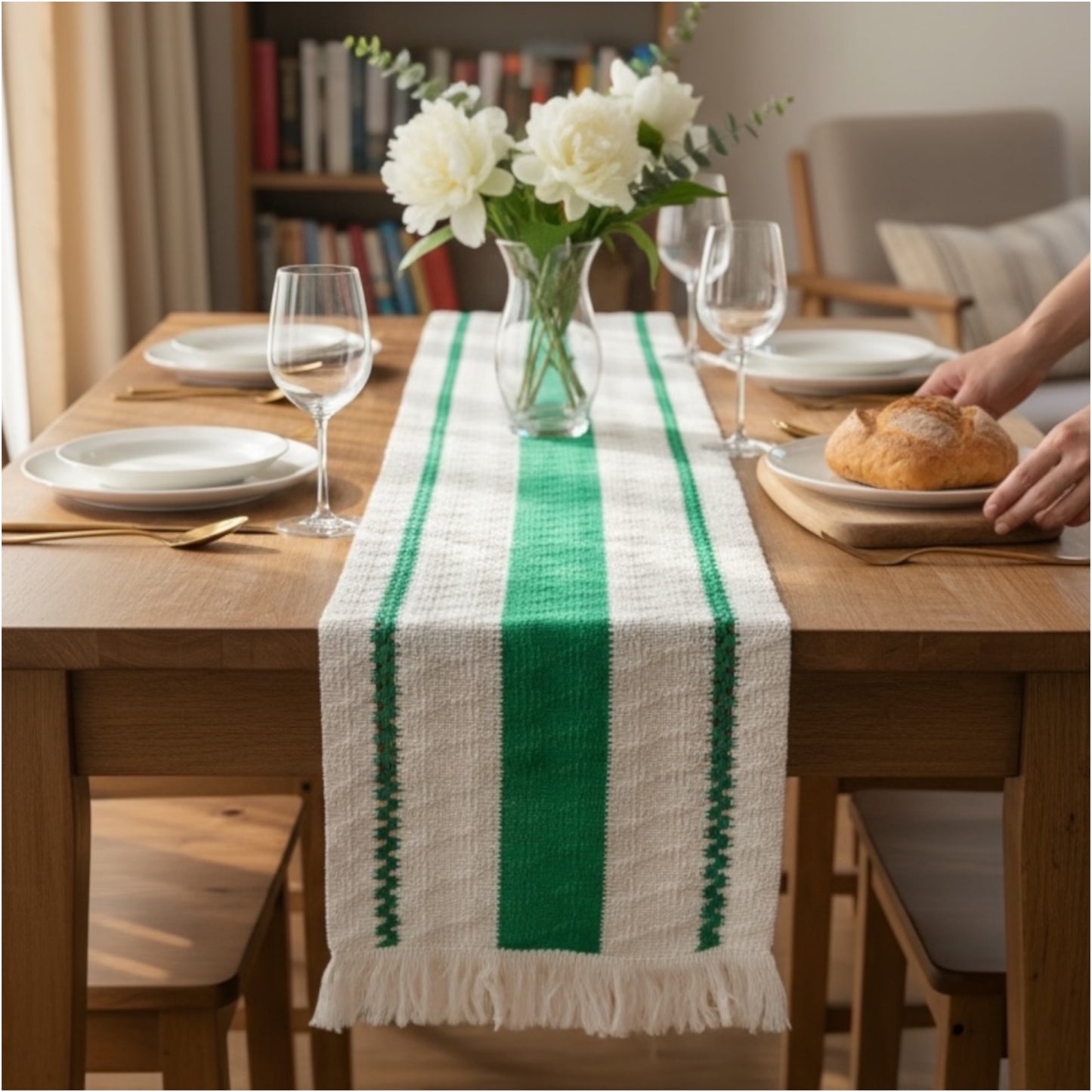 Green & Cream Cotton Crochet-Look Table Runner – Boho Inspired - 30 × 180cm