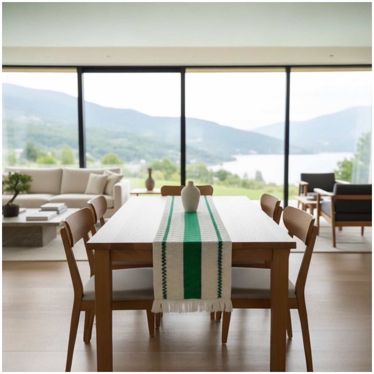 Green & Cream Cotton Crochet-Look Table Runner – Boho Inspired - 30 × 180cm