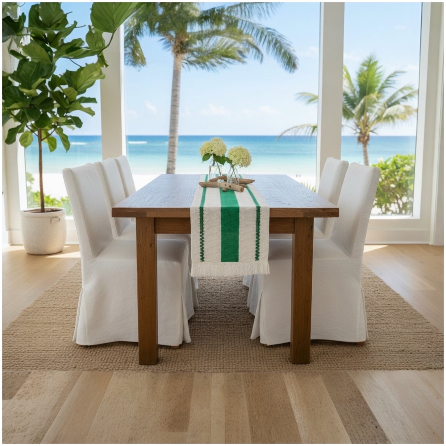 Green & Cream Cotton Crochet-Look Table Runner – Boho Inspired - 30 × 180cm