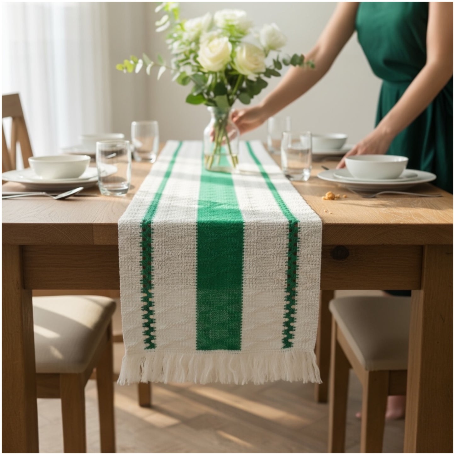 Green & Cream Cotton Crochet-Look Table Runner – Boho Inspired - 30 × 180cm