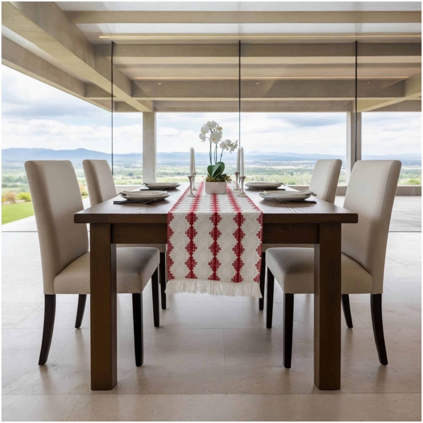 Cream & Red Cotton Crochet-Look Table Runner – 30 × 180 cm