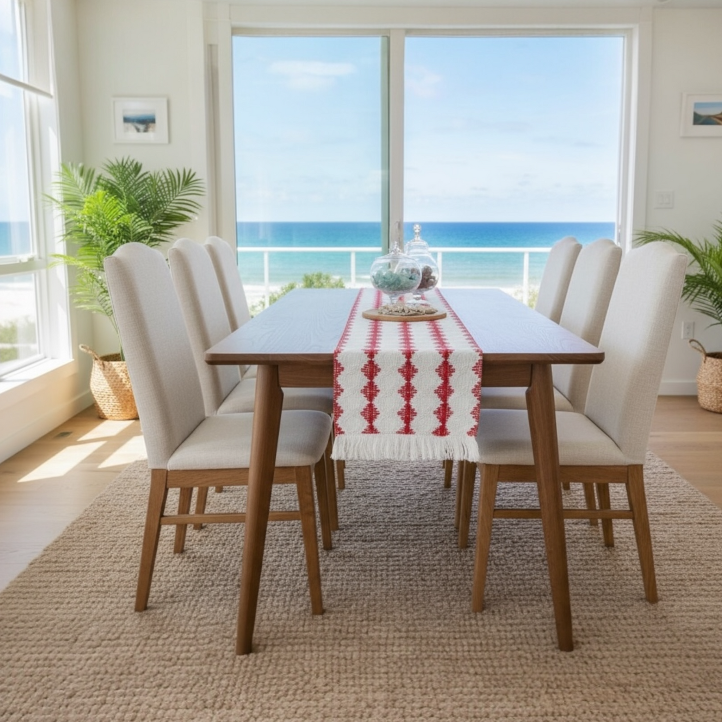 Cream & Red Cotton Crochet-Look Table Runner – 30 × 180 cm