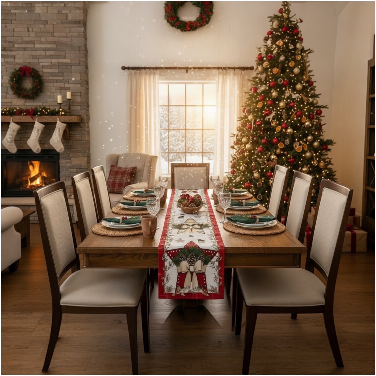 Beautiful Festive Red, Green  & Cream Christmas Table Runner – 30 × 180 cm