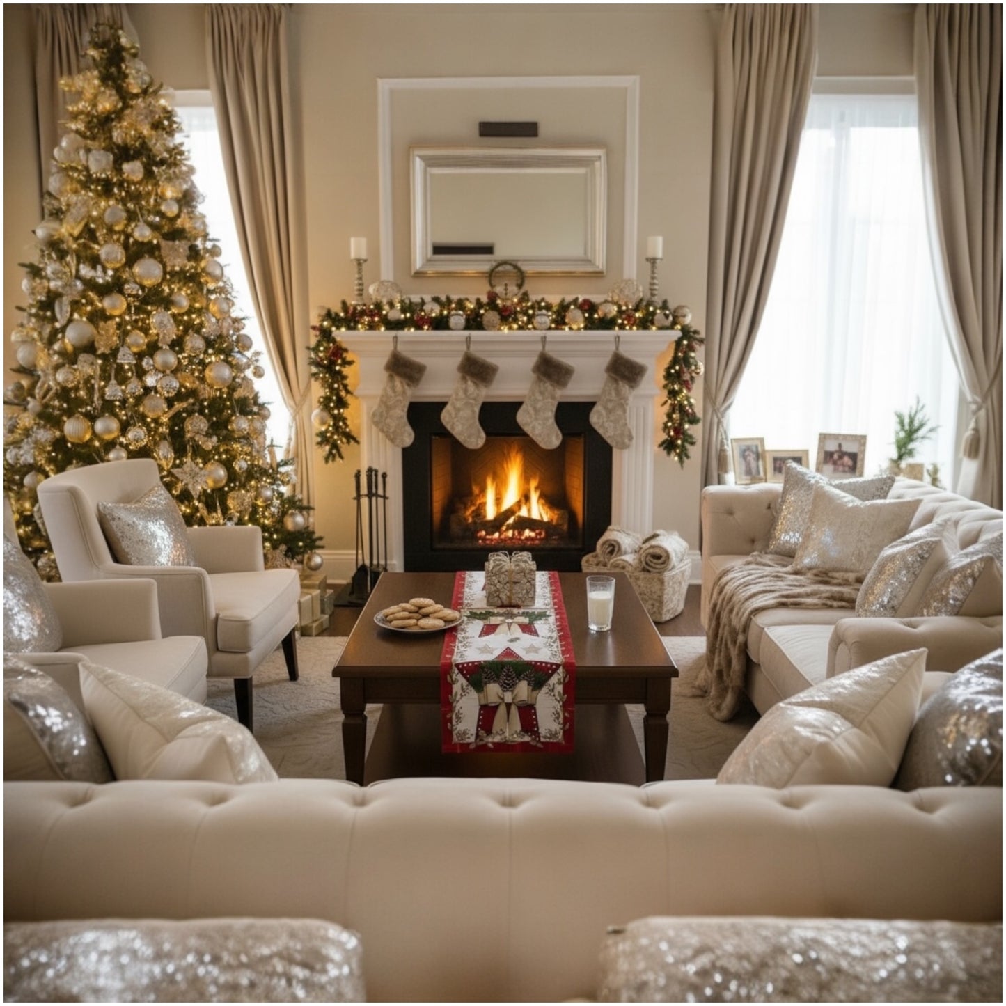 Beautiful Festive Red, Green  & Cream Christmas Table Runner – 30 × 180 cm