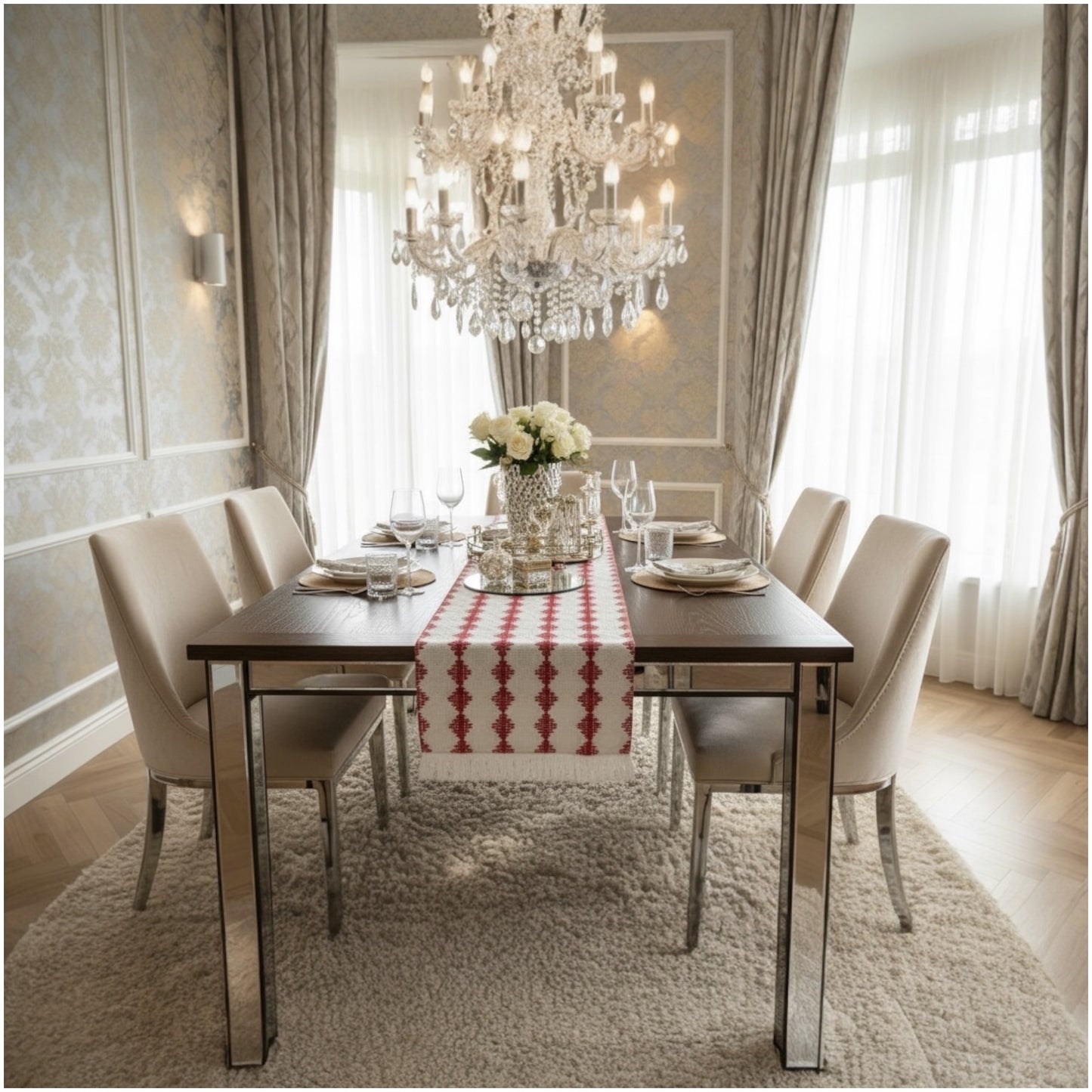 Cream & Red Cotton Crochet-Look Table Runner – 30 × 180 cm