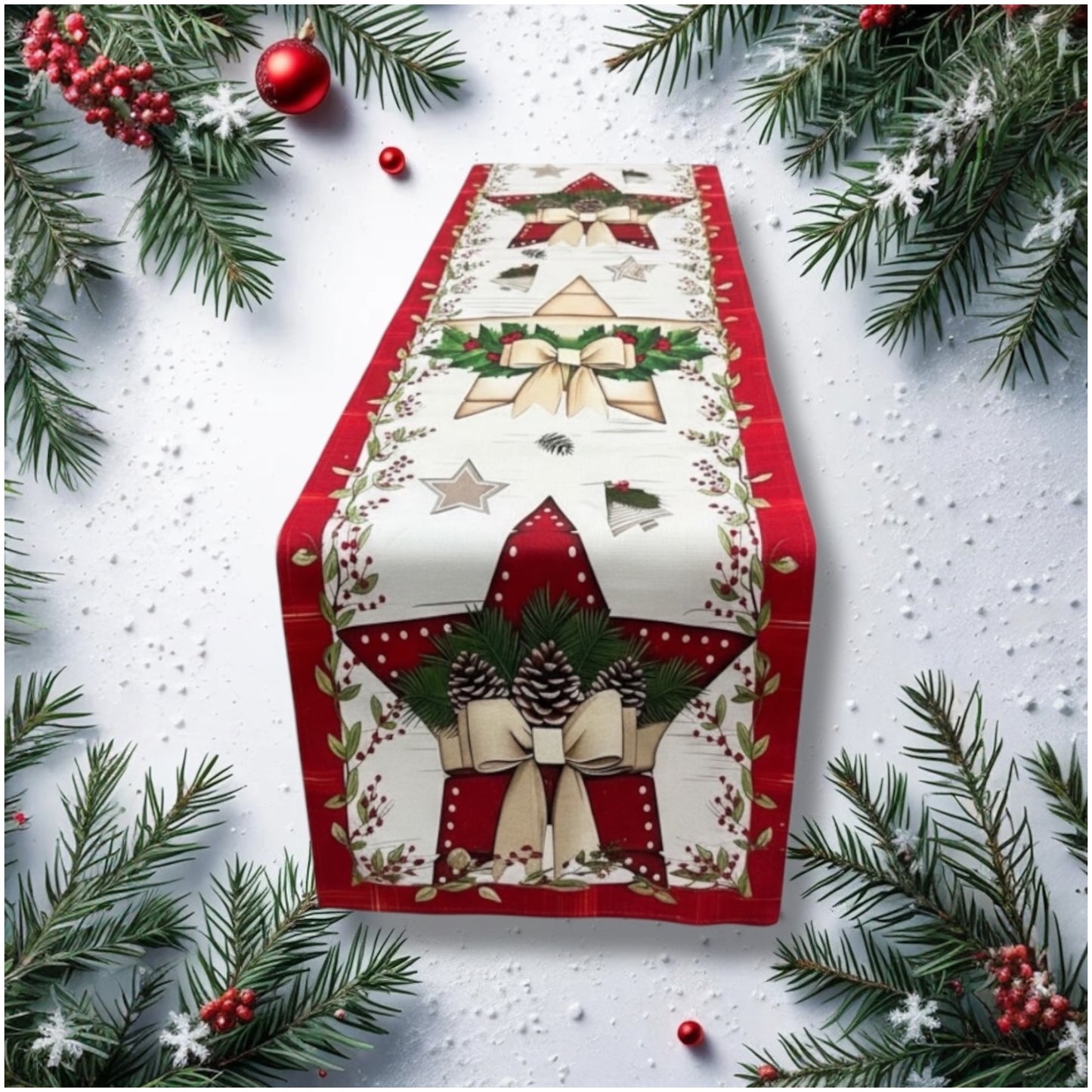 Beautiful Festive Red, Green  & Cream Christmas Table Runner – 30 × 180 cm