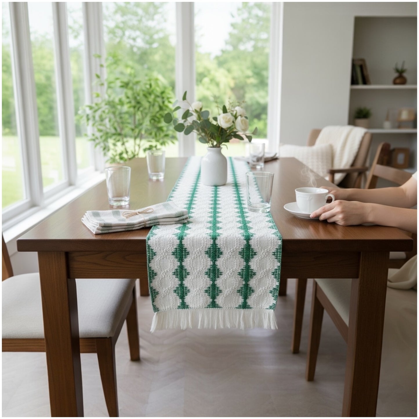 Beautifully Woven Green and Cream Cotton Crochet-Look Table Runner–30 × 180cm