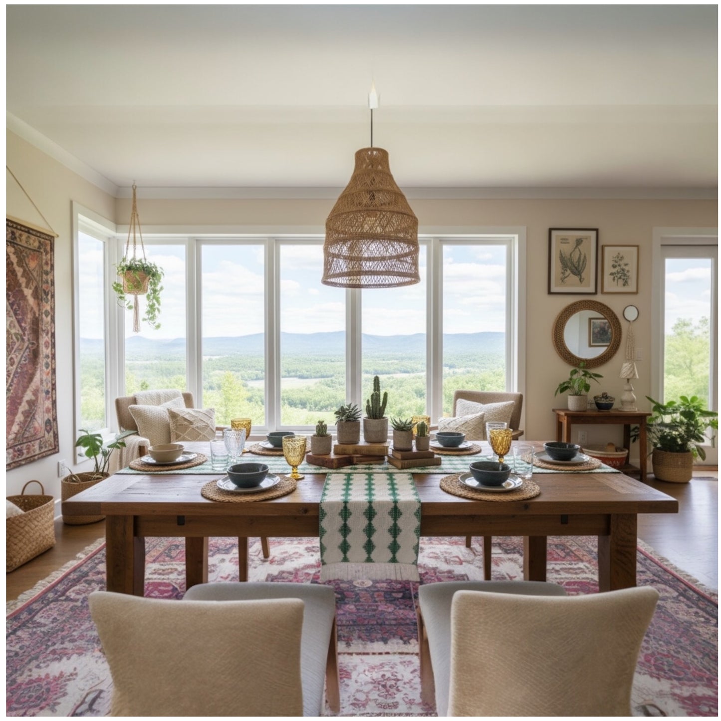 Beautifully Woven Green and Cream Cotton Crochet-Look Table Runner–30 × 180cm