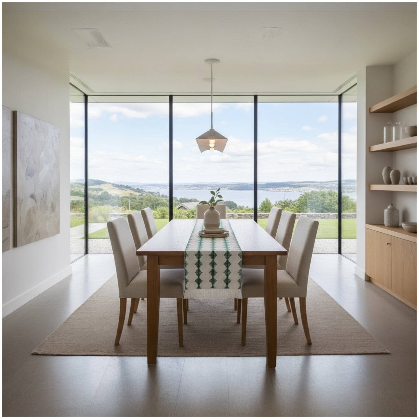 Beautifully Woven Green and Cream Cotton Crochet-Look Table Runner–30 × 180cm