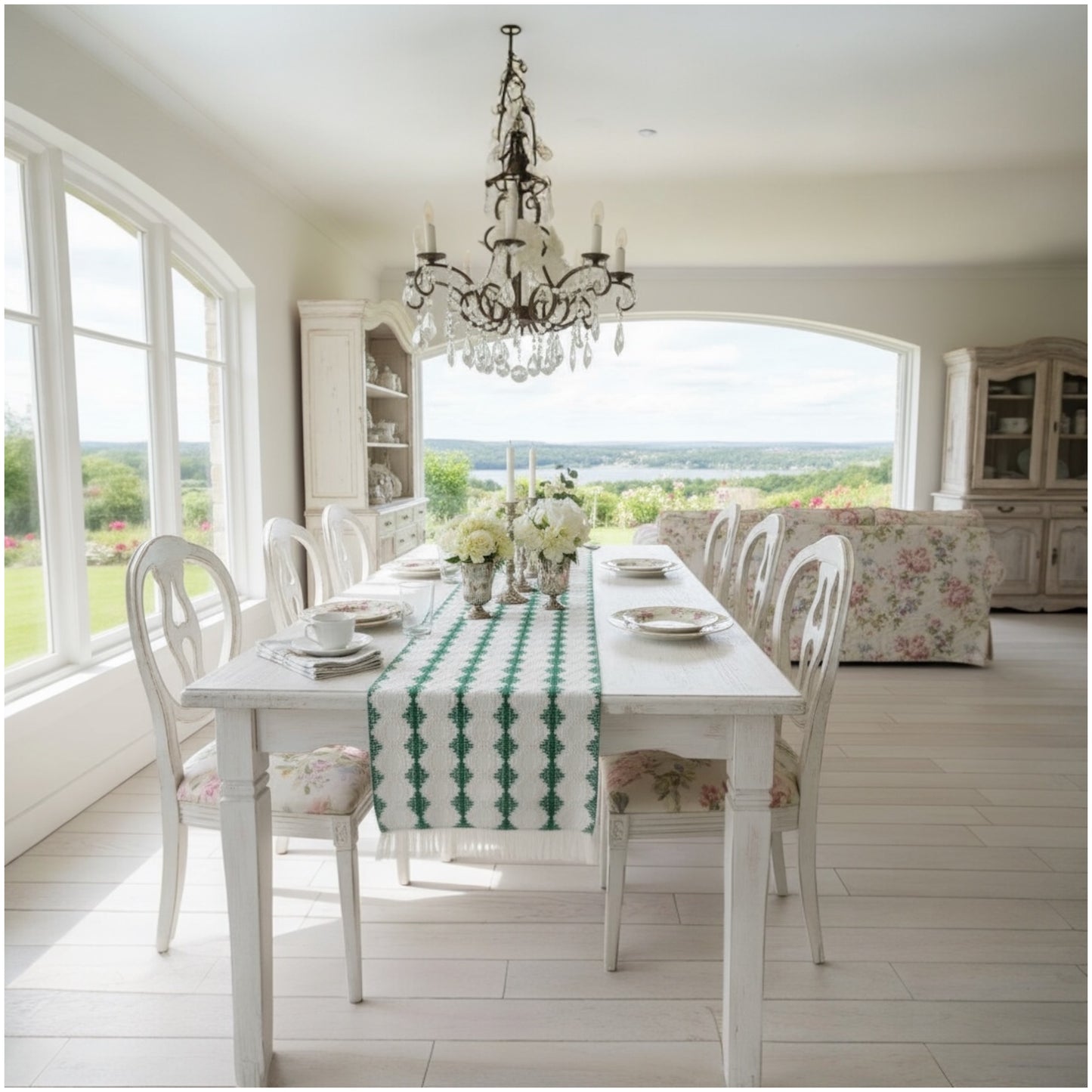 Beautifully Woven Green and Cream Cotton Crochet-Look Table Runner–30 × 180cm