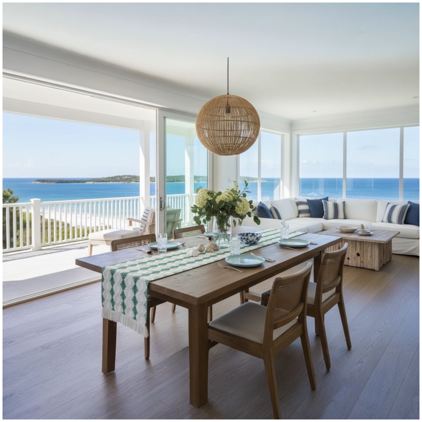 Beautifully Woven Green and Cream Cotton Crochet-Look Table Runner–30 × 180cm