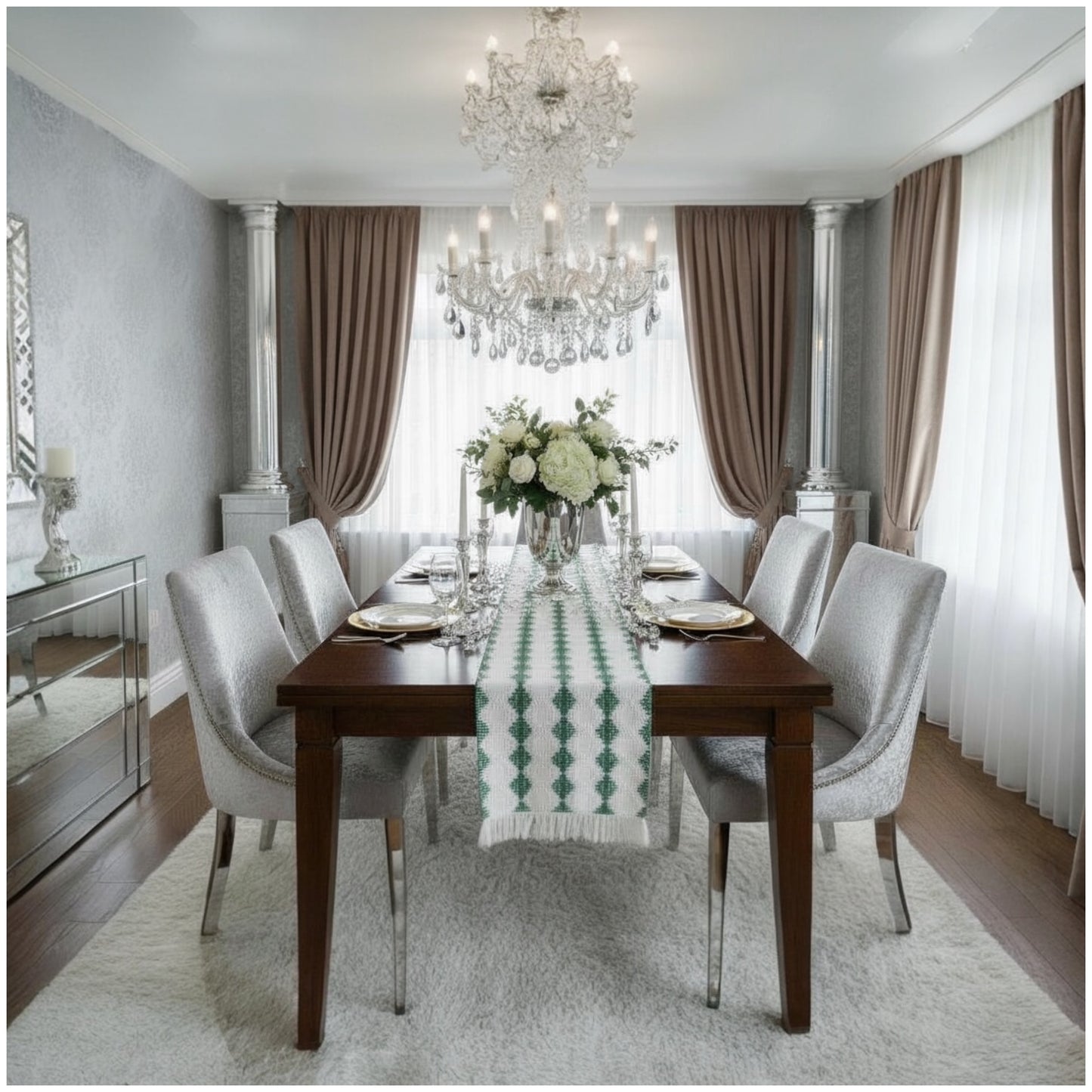 Beautifully Woven Green and Cream Cotton Crochet-Look Table Runner–30 × 180cm