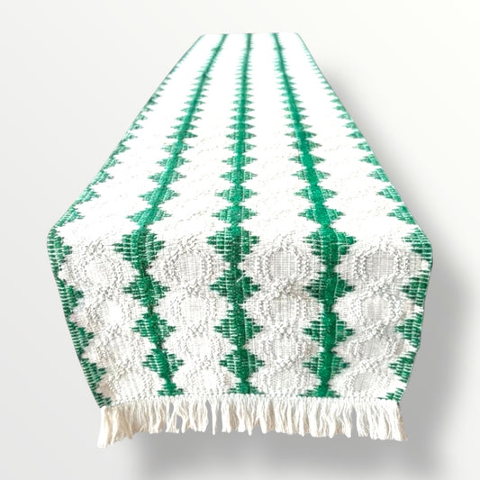 Beautifully Woven Green & Cream Cotton Crochet-Look Table Runner–30 × 180cm