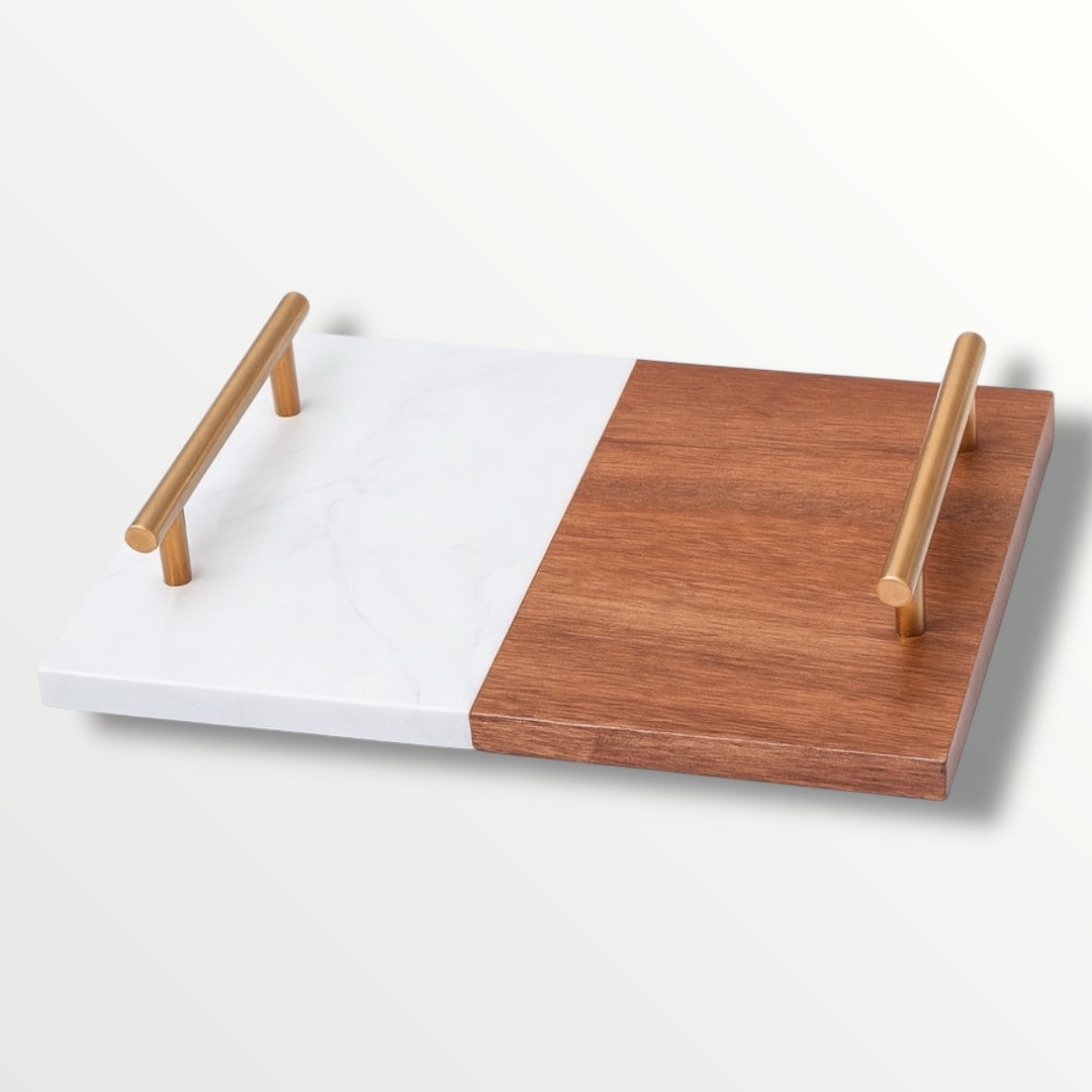 Elegant Marble and Acacia Wooden Serving Platter with Gold Handles