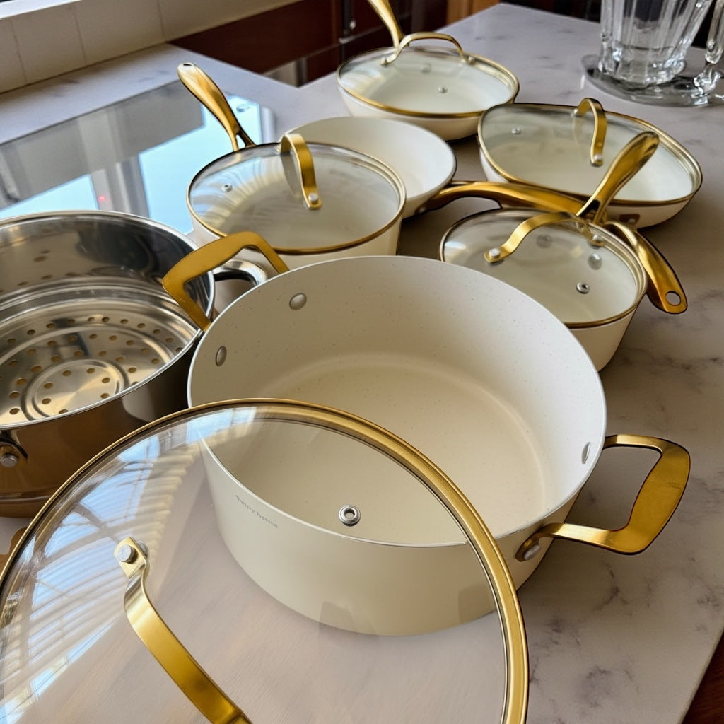 Luxurious Edition Off-White & Gold 12-Piece Ceramic Non-Stick Cookware Set