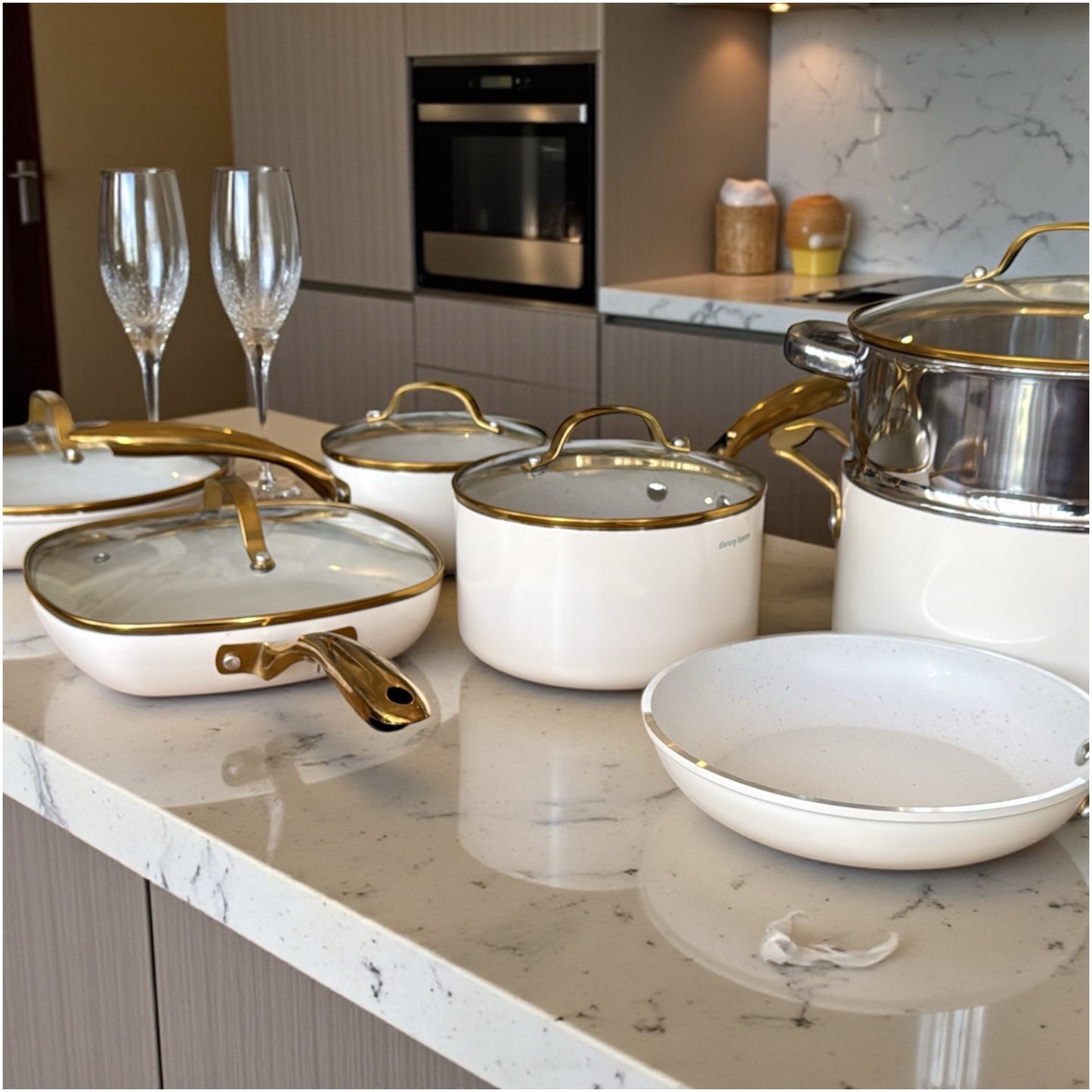 Luxurious Edition Off-White & Gold 12-Piece Ceramic Non-Stick Cookware Set