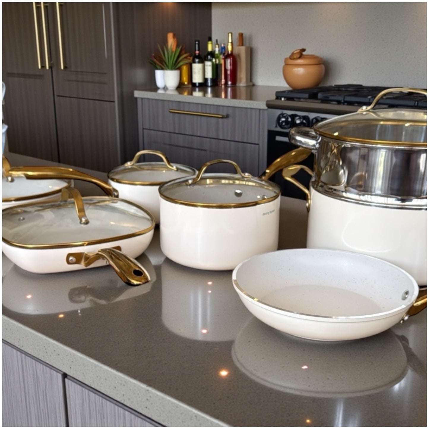 Luxurious Edition Off-White & Gold 12-Piece Ceramic Non-Stick Cookware Set