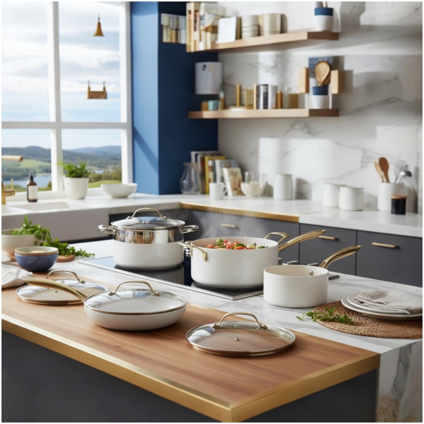 Luxurious Edition Off-White & Gold 12-Piece Ceramic Non-Stick Cookware Set