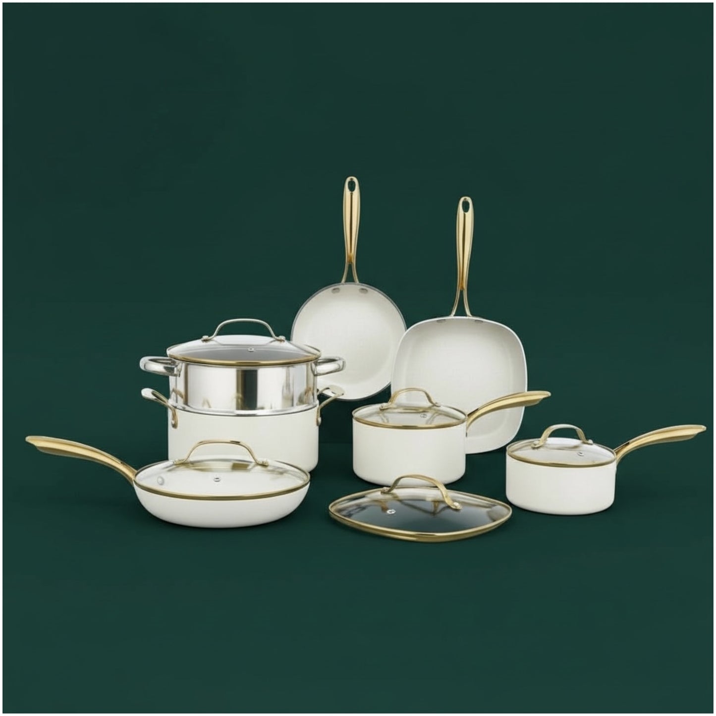 Luxurious Edition Off-White & Gold 12-Piece Ceramic Non-Stick Cookware Set