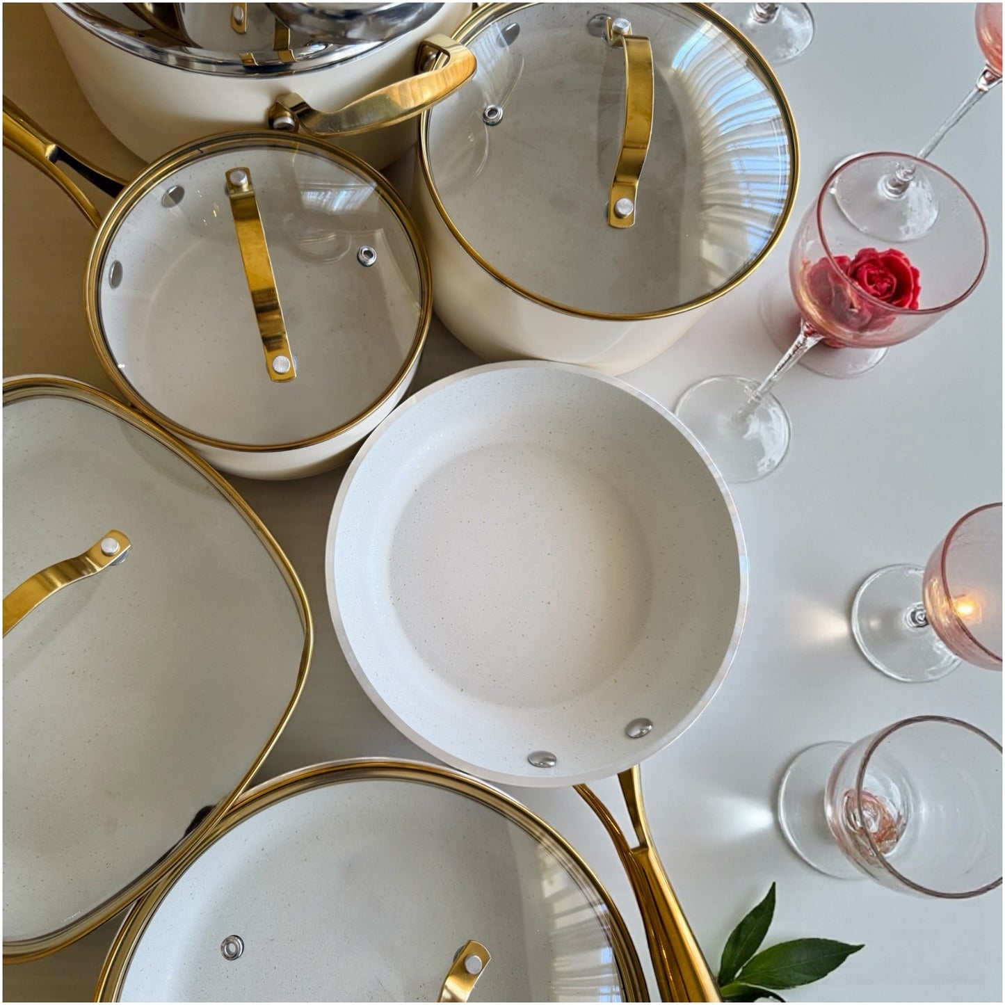 Luxurious Edition Off-White & Gold 12-Piece Ceramic Non-Stick Cookware Set