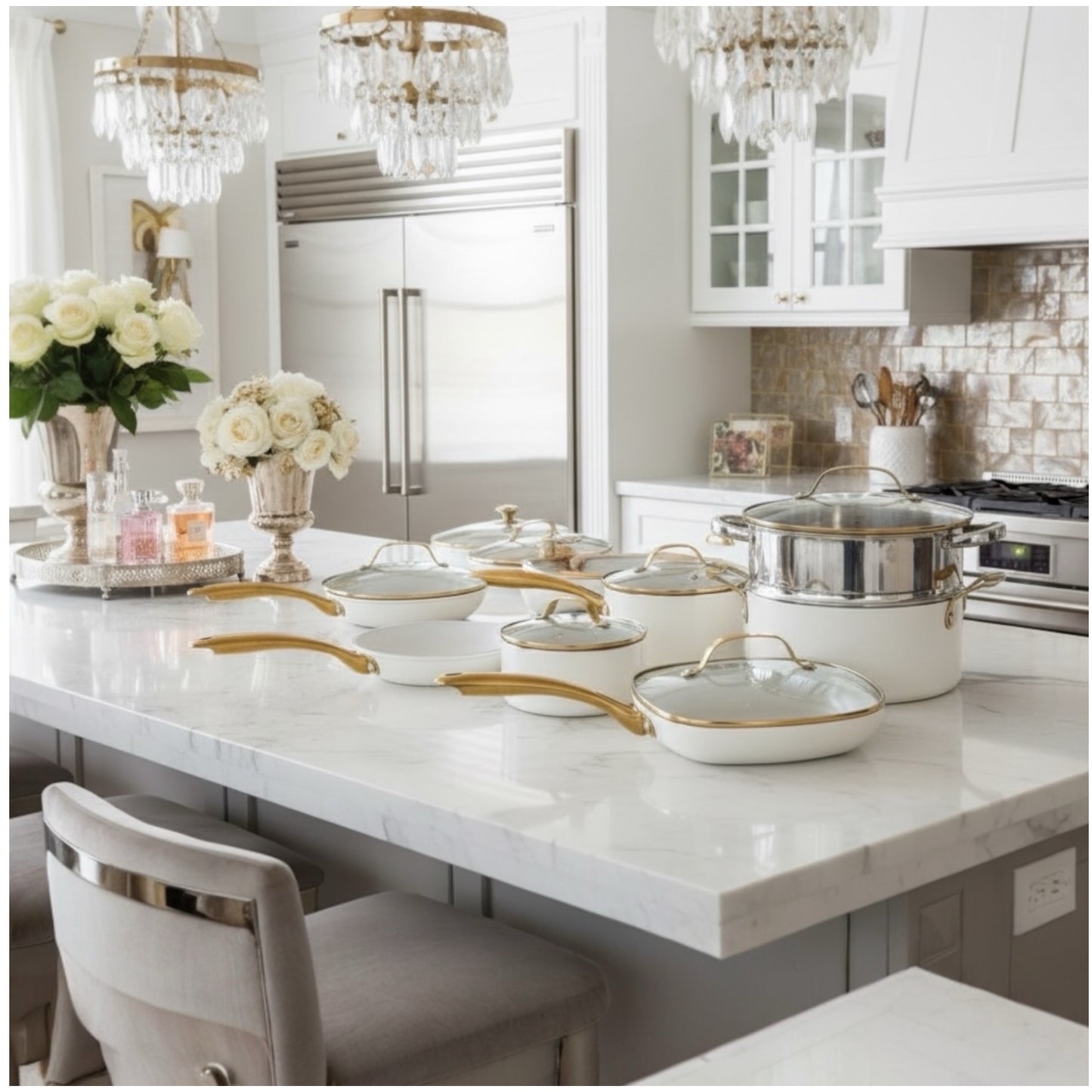 Luxurious Edition Off-White & Gold 12-Piece Ceramic Non-Stick Cookware Set