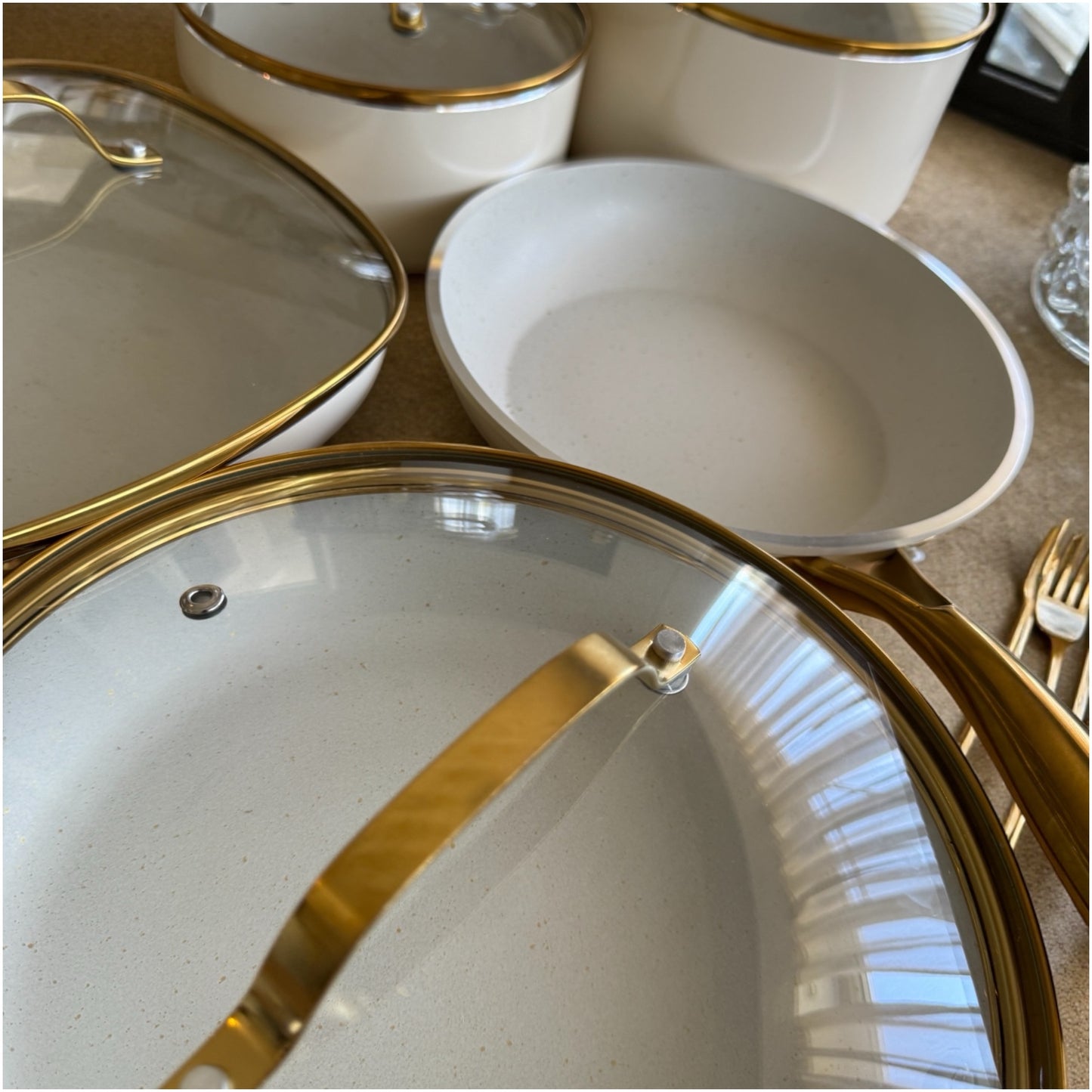 Luxurious Edition Off-White & Gold 12-Piece Ceramic Non-Stick Cookware Set