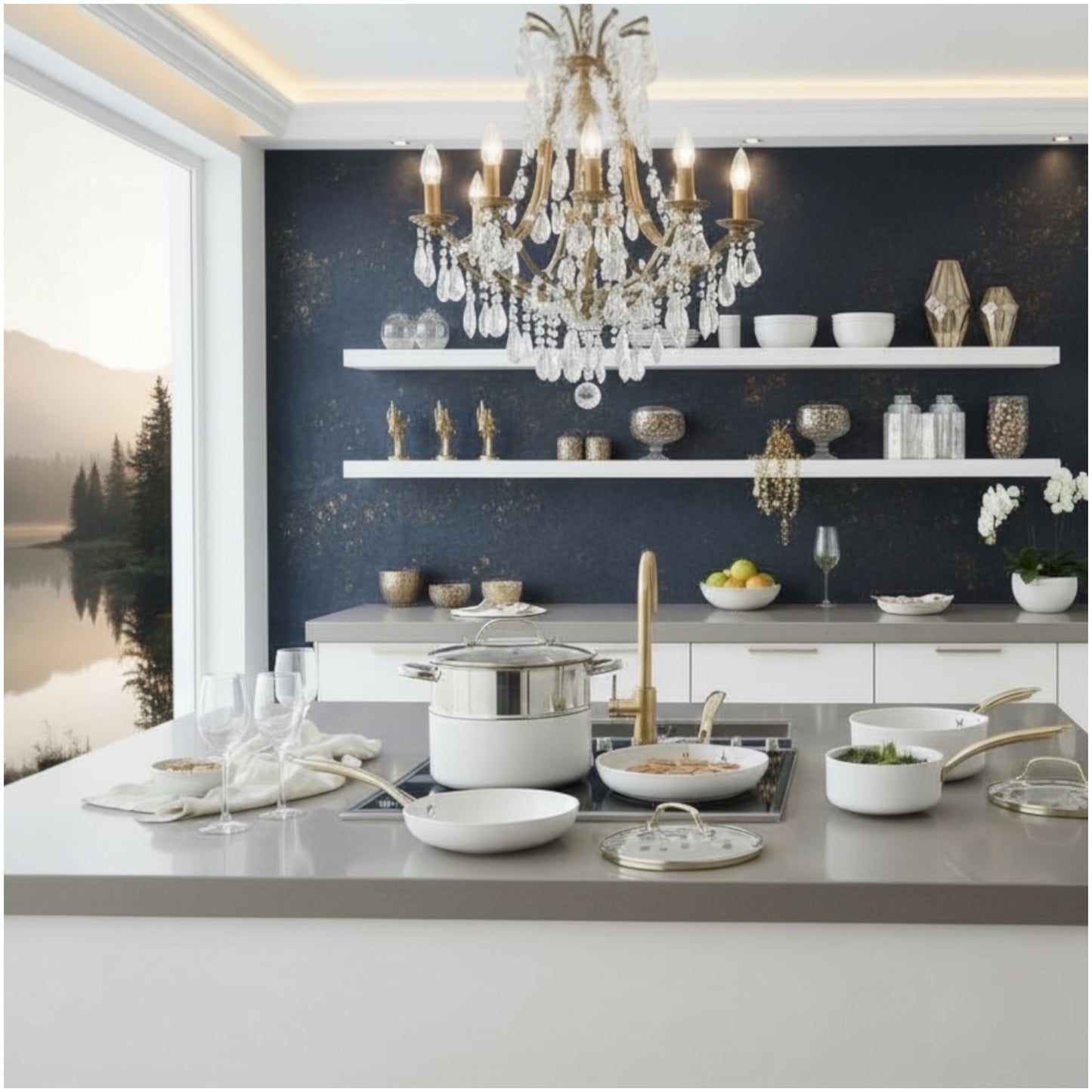 Luxurious Edition Off-White & Gold 12-Piece Ceramic Non-Stick Cookware Set