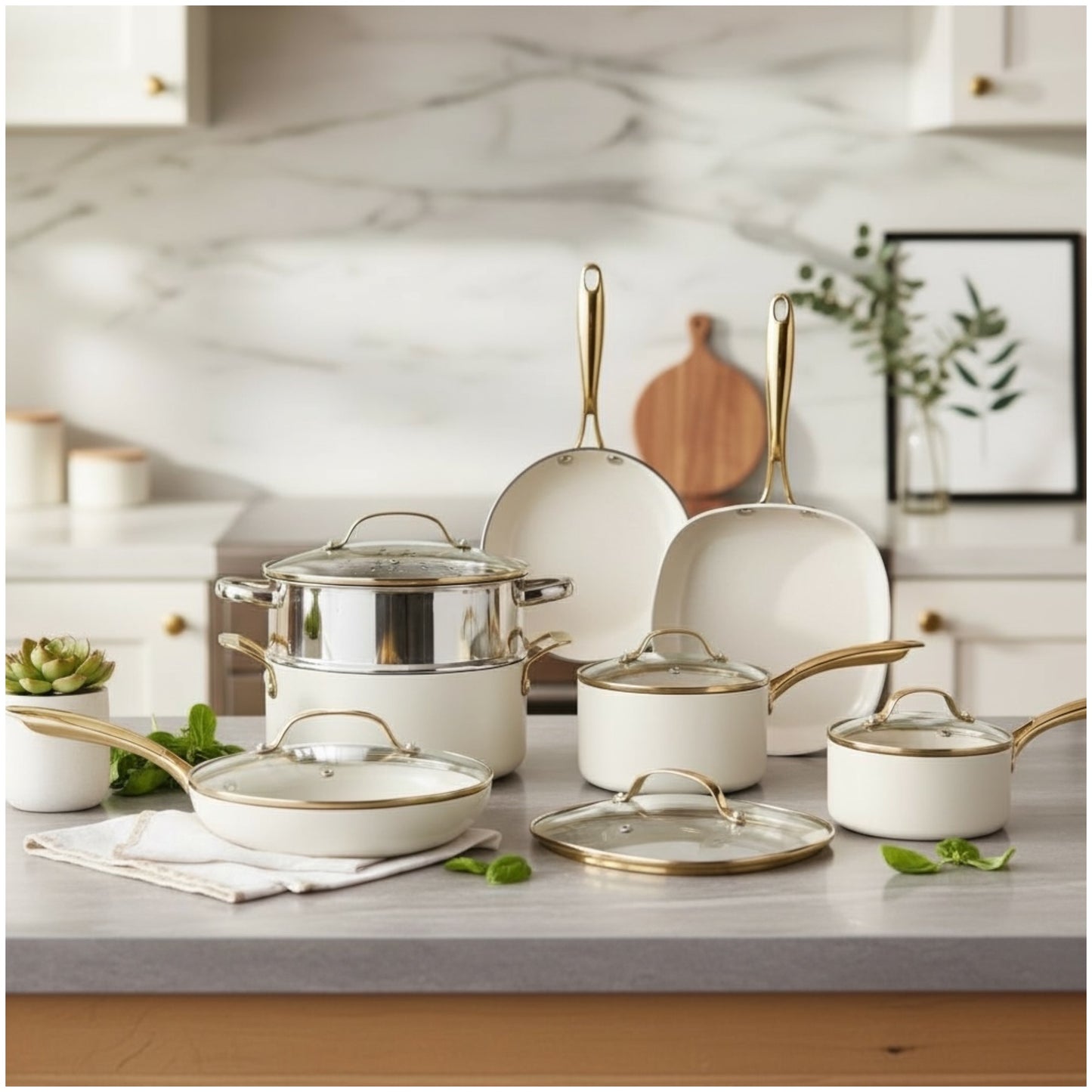 Luxurious Edition Off-White & Gold 12-Piece Ceramic Non-Stick Cookware Set