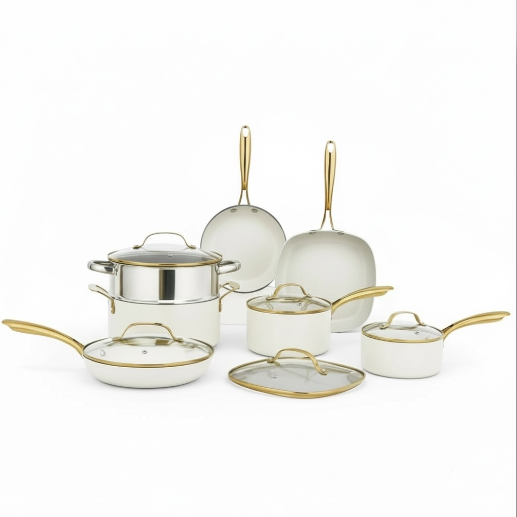 Luxurious Edition Off-White & Gold 12-Piece Ceramic Non-Stick Cookware Set