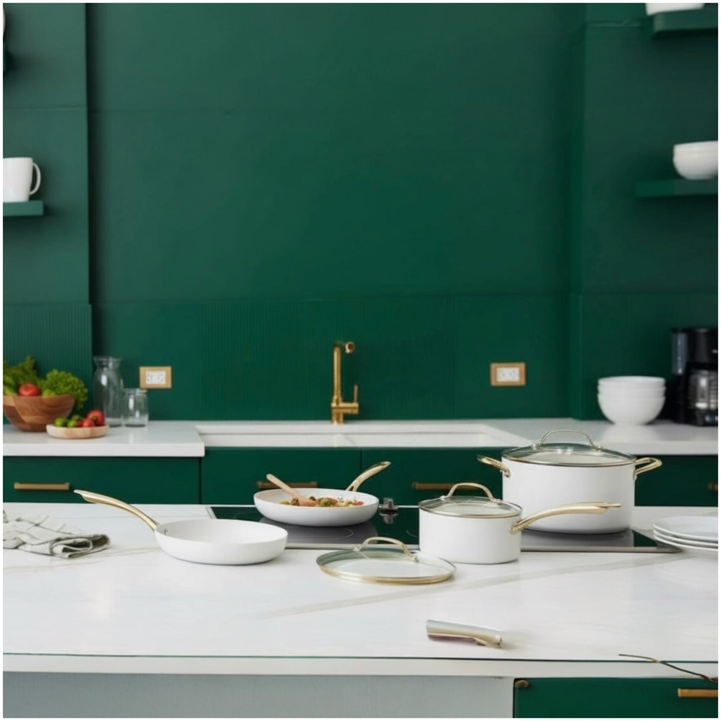 Luxurious Edition Off-White & Gold 12-Piece Ceramic Non-Stick Cookware Set