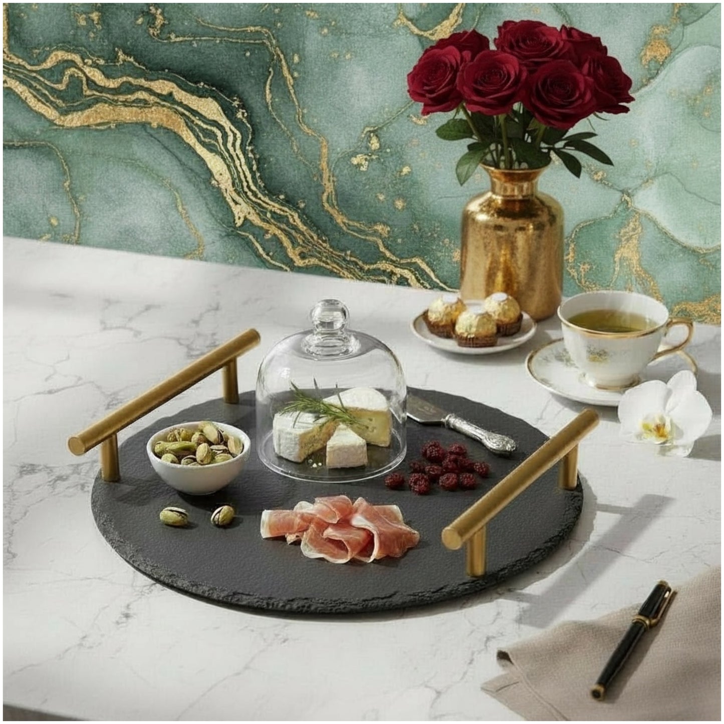 Midnight Slate Round Serving Tray With Metallic Gold Handles