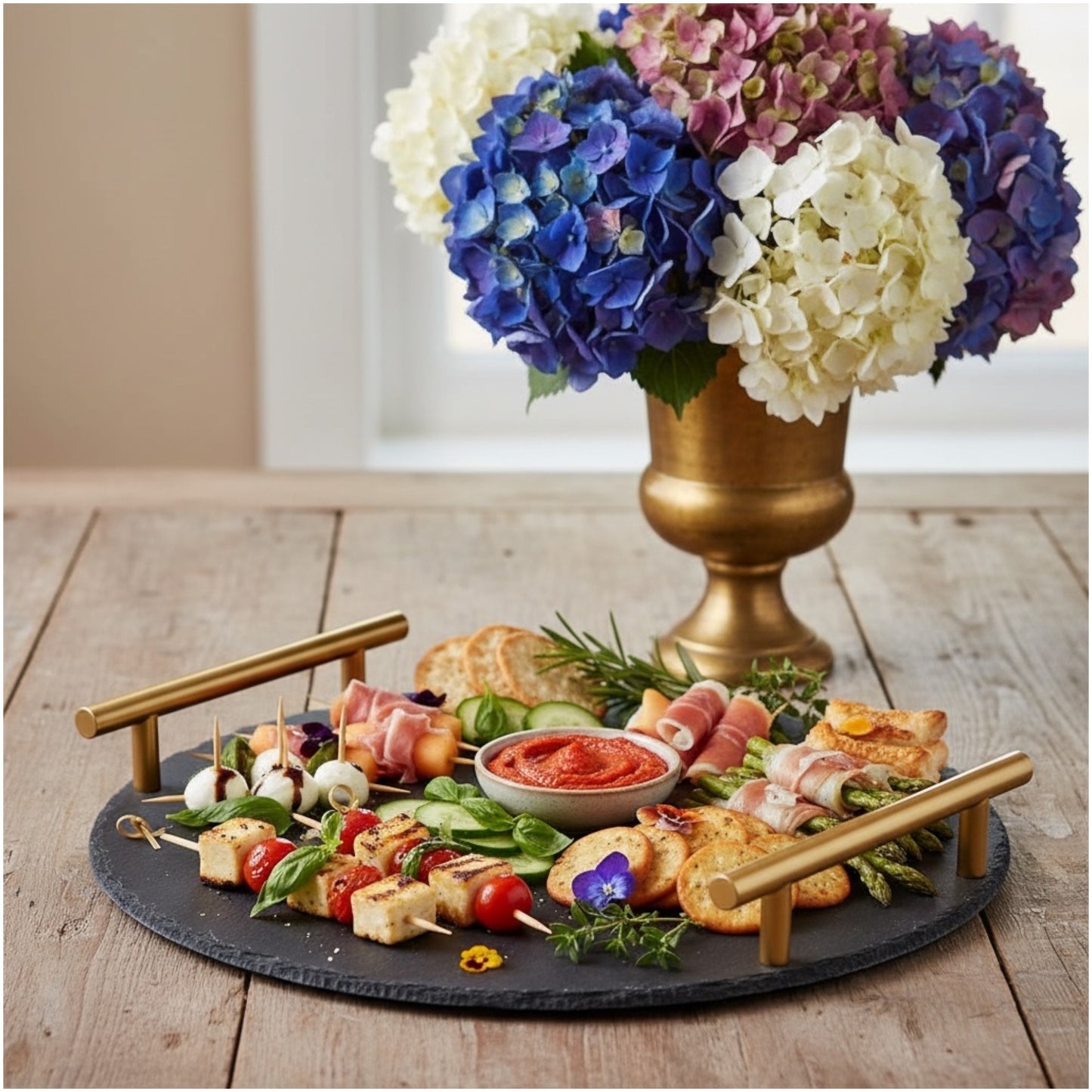 Midnight Slate Round Serving Tray With Metallic Gold Handles