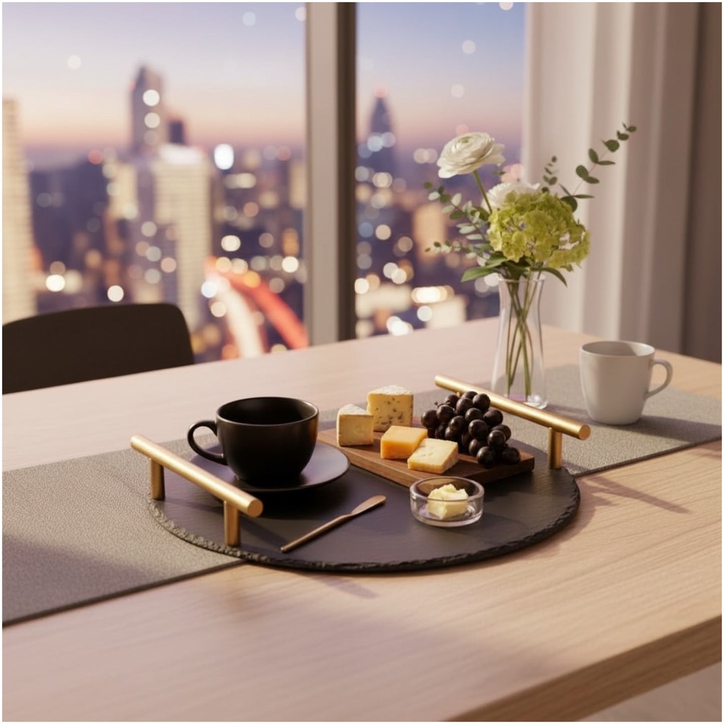 Midnight Slate Round Serving Tray With Metallic Gold Handles