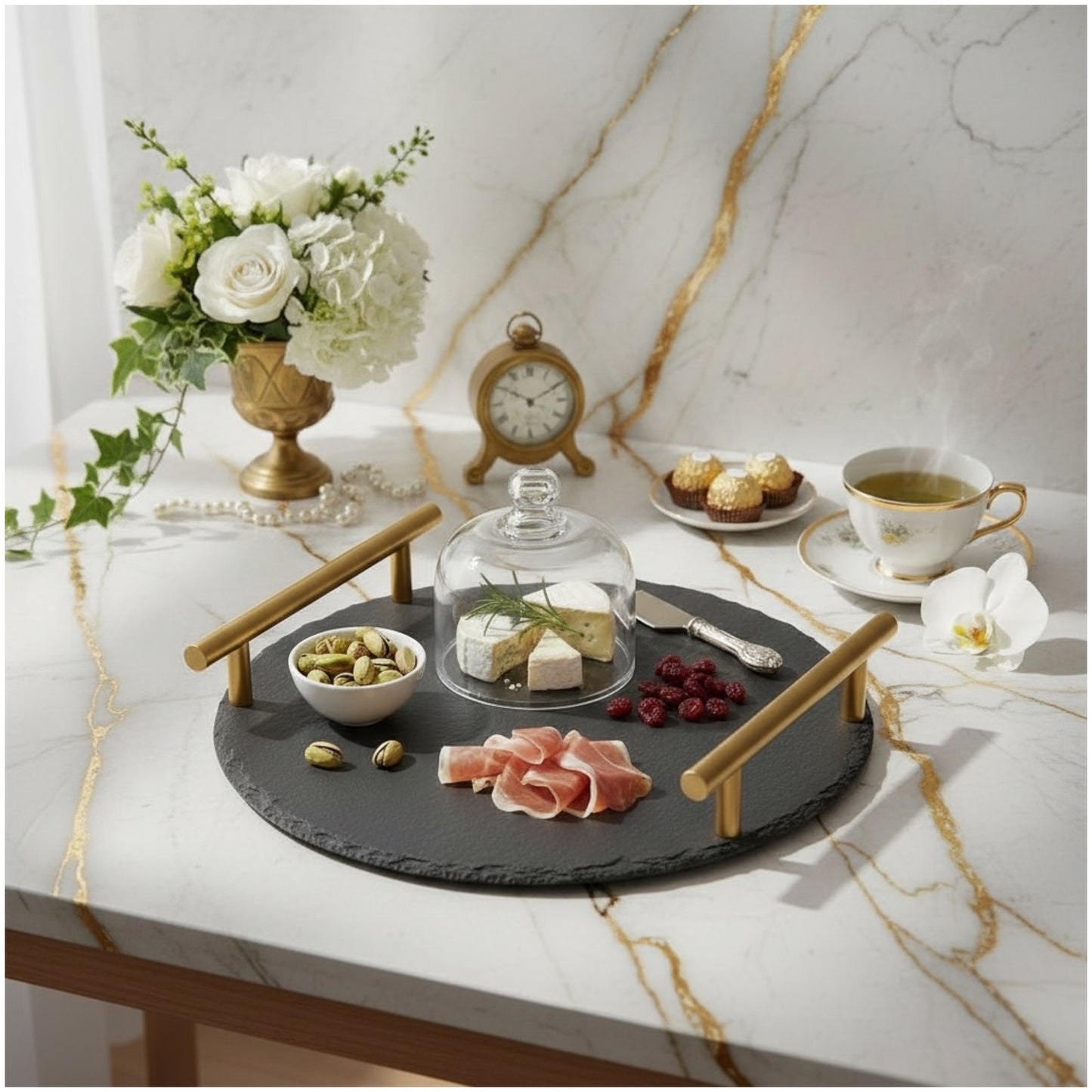 Midnight Slate Round Serving Tray With Metallic Gold Handles