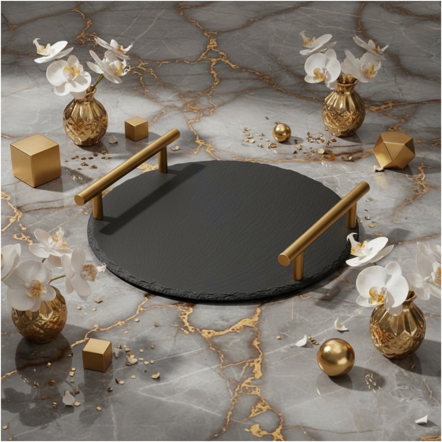Midnight Slate Round Serving Tray With Metallic Gold Handles