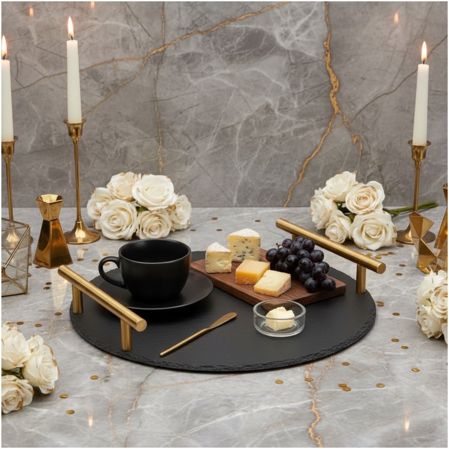 Midnight Slate Round Serving Tray With Metallic Gold Handles