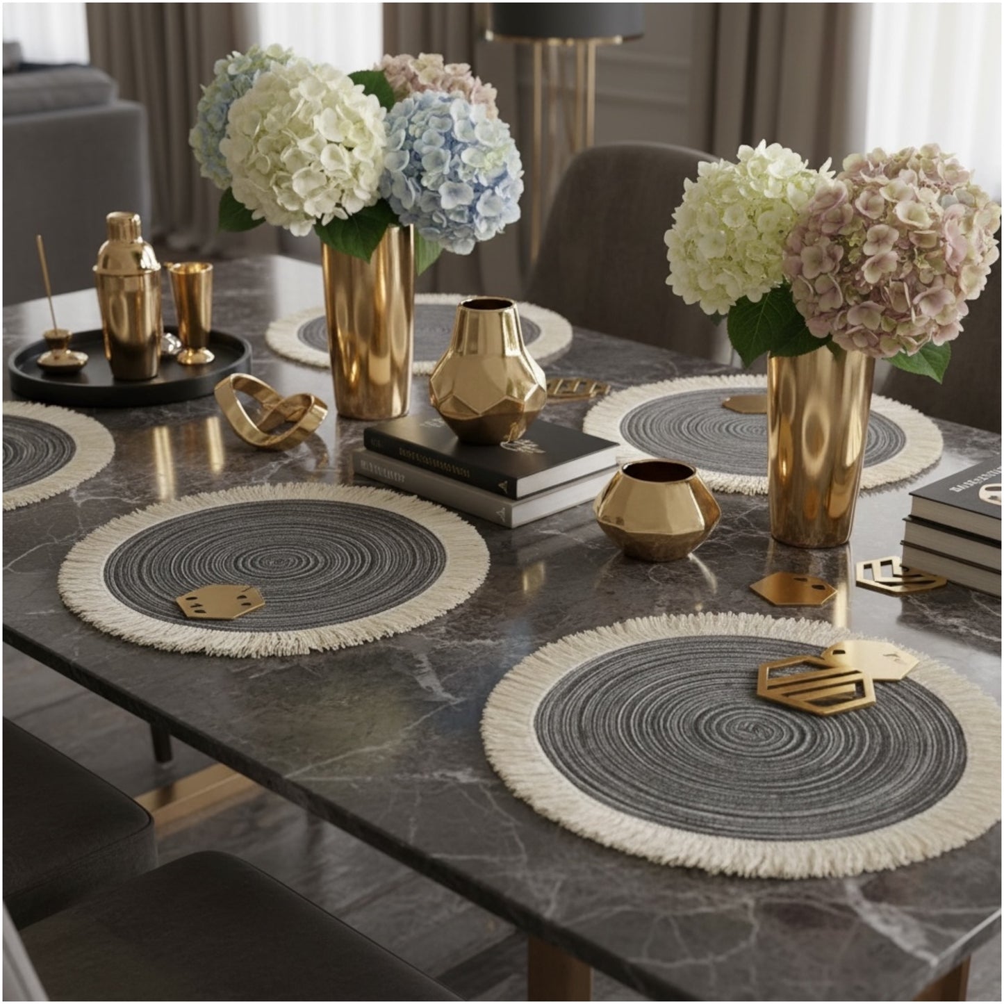 Stylish Set of Four Round Woven look Placemats–Natural Fibre Fringe Design
