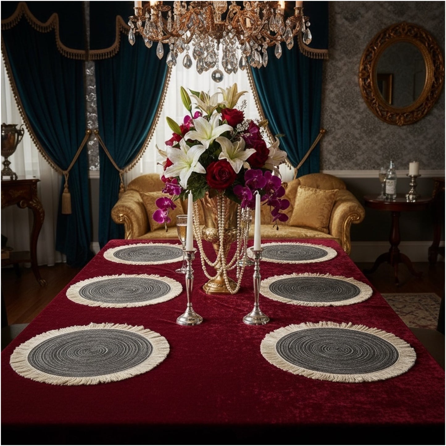 Stylish Set of Four Round Woven look Placemats–Natural Fibre Fringe Design