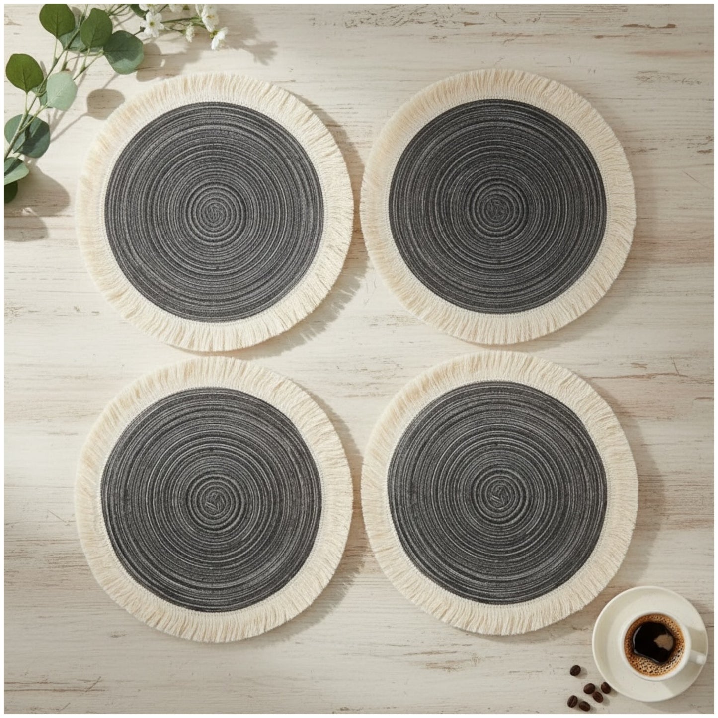 Stylish Set of Four Round Woven look Placemats–Natural Fibre Fringe Design