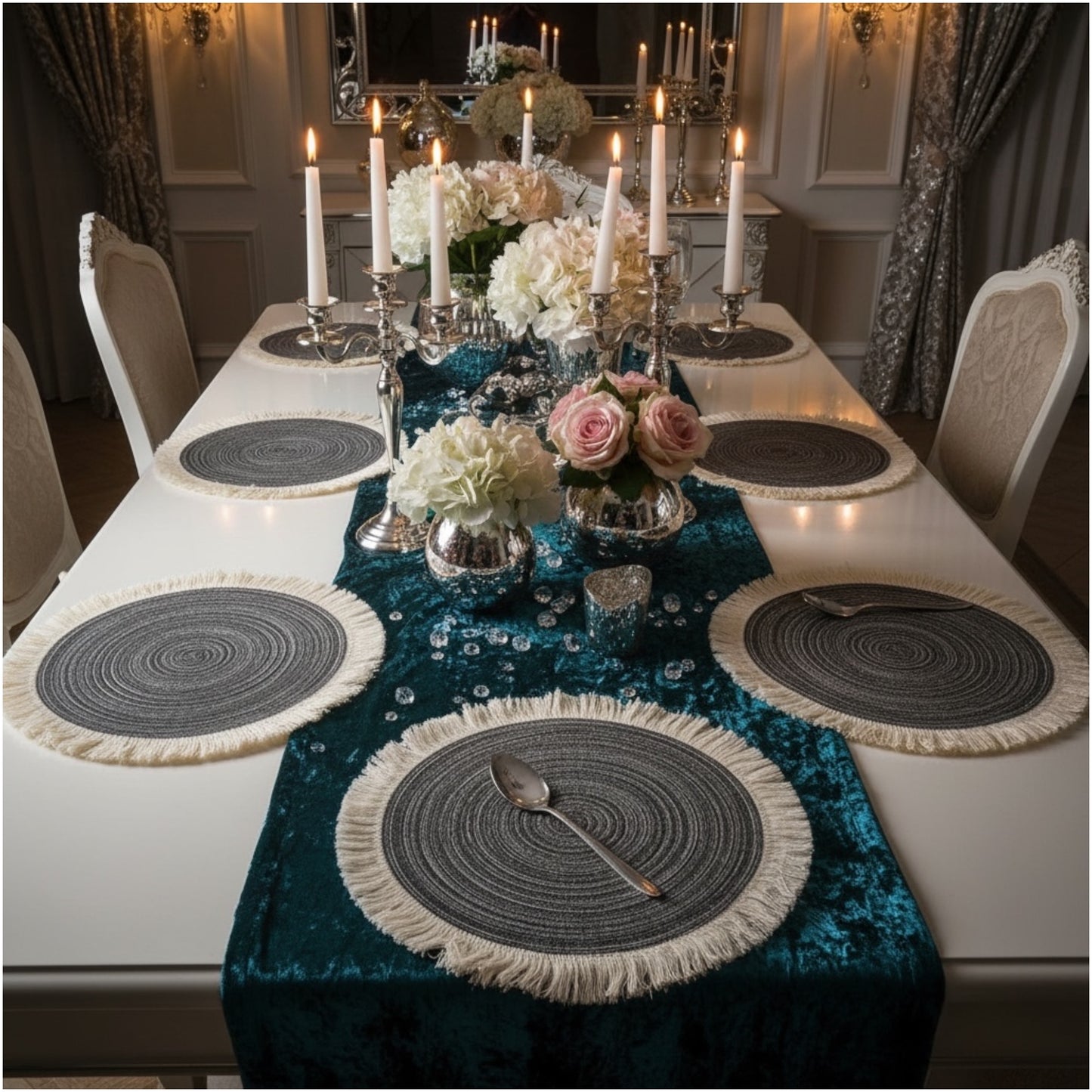 Stylish Set of Four Round Woven look Placemats–Natural Fibre Fringe Design