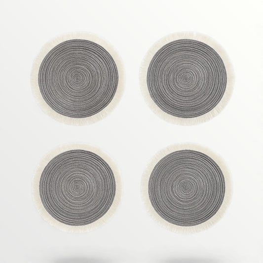 Stylish Set of Four Round Woven look Placemats–Natural Fibre Fringe Design