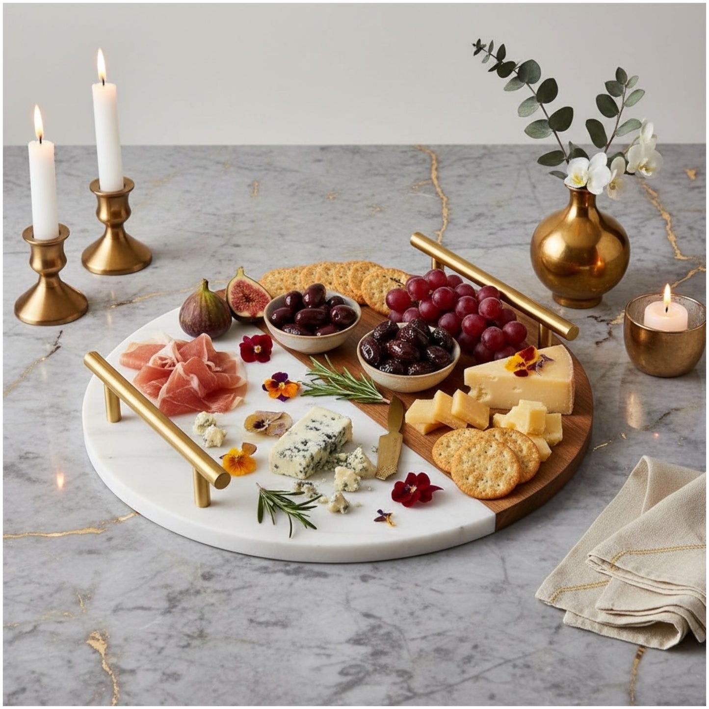Marble and Wooden Platter with Gold Handles