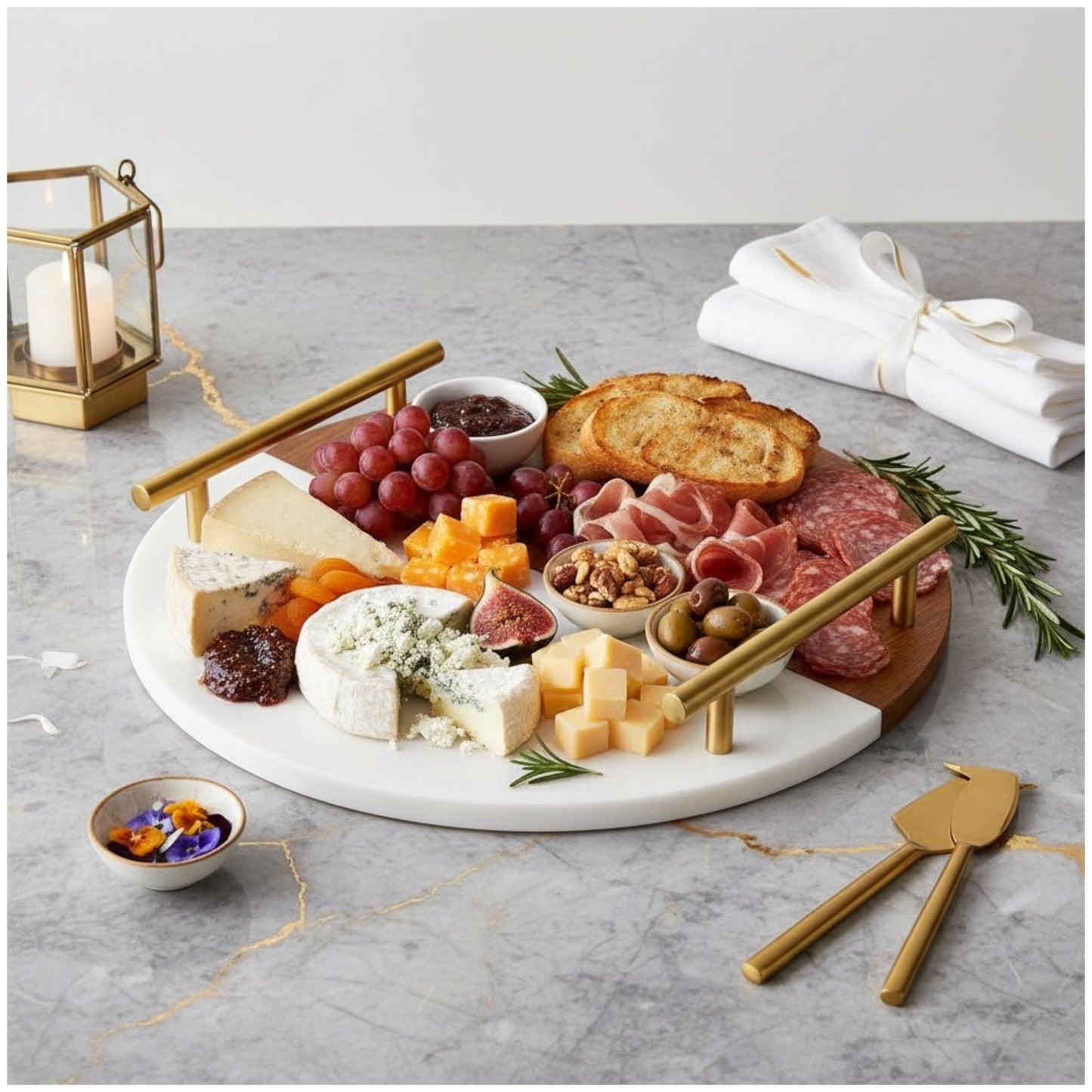 Marble and Wooden Platter with Gold Handles