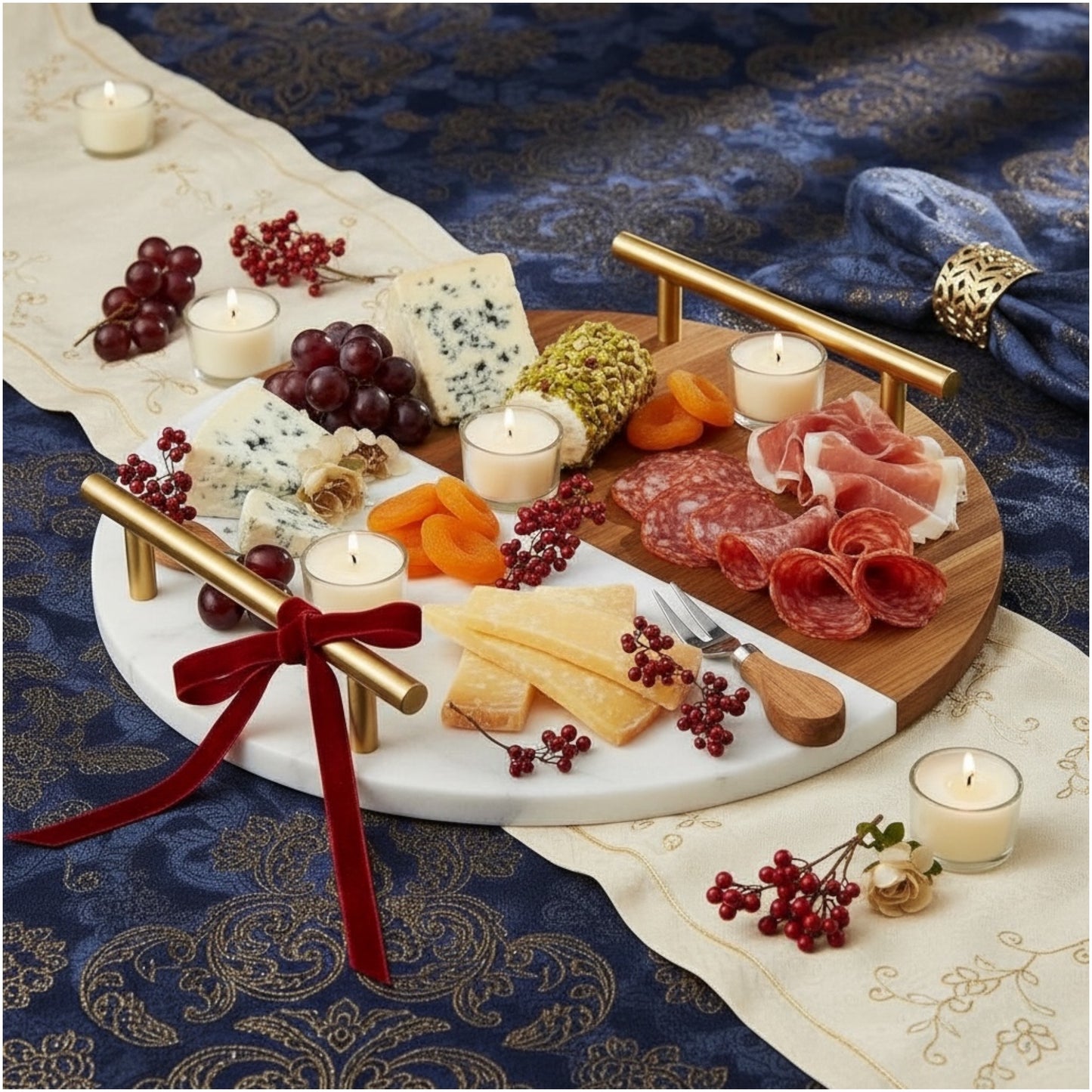 Marble and Wooden Platter with Gold Handles