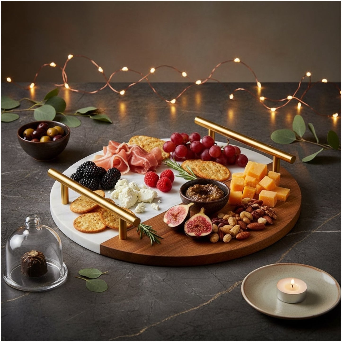 Marble and Wooden Platter with Gold Handles