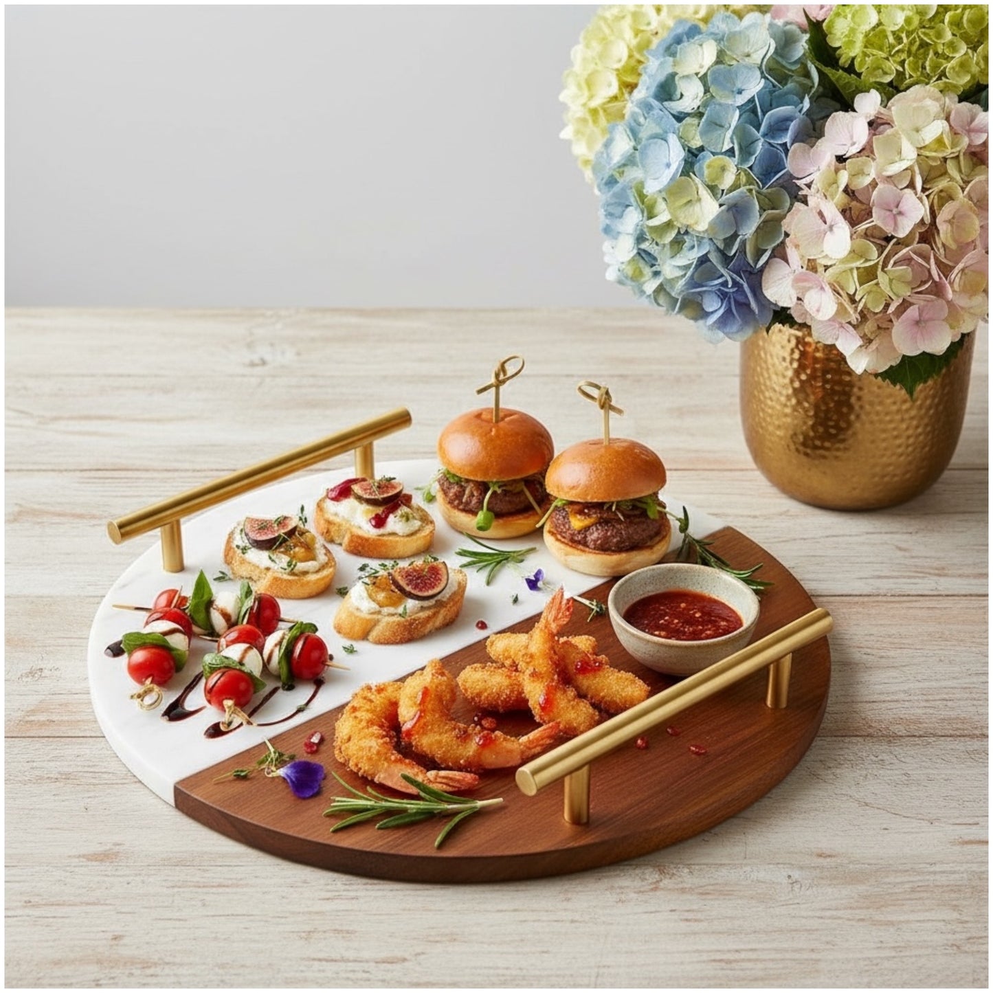 Marble and Wooden Platter with Gold Handles