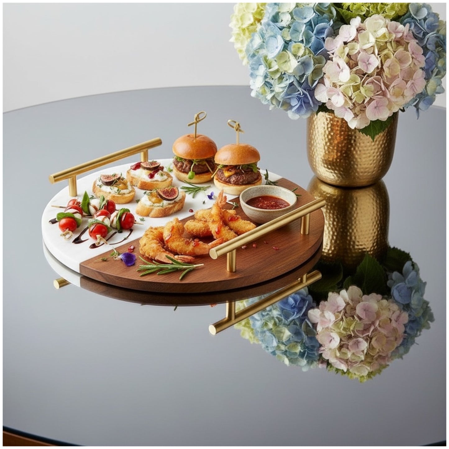 Marble and Wooden Platter with Gold Handles