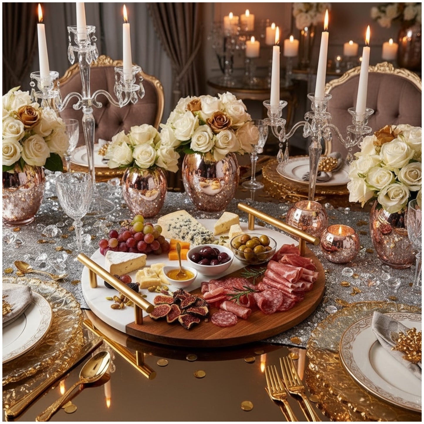 Marble and Wooden Platter with Gold Handles