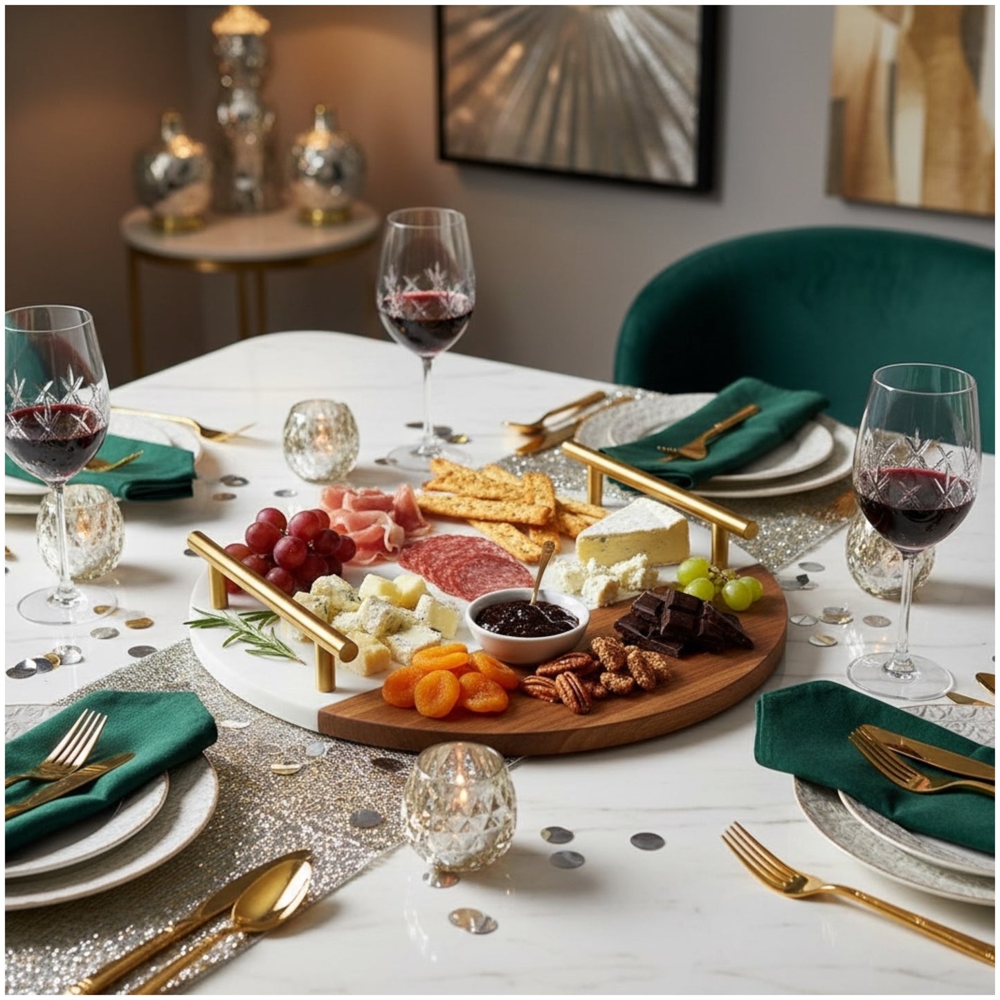 Marble and Wooden Platter with Gold Handles